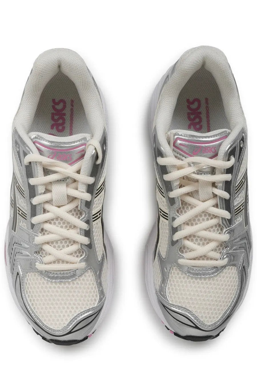 Asics unisex sneaker gel kayano in silver and white with mesh uppers metallic silver accents and pink branding on the tongue