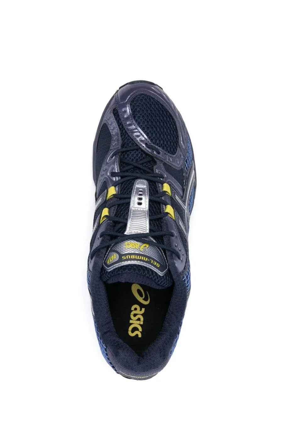 Dark blue asics gel nimbus 13 running shoe with yellow accents and silver metallic lace lock for unisex use