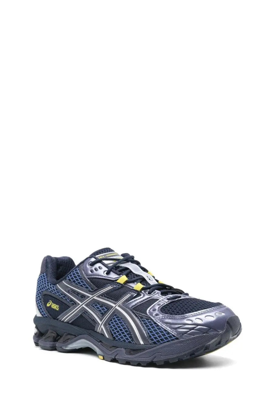 Asics unisex sneaker gel nimbus blue with dark blue silver mesh upper rubber outsole and yellow laces