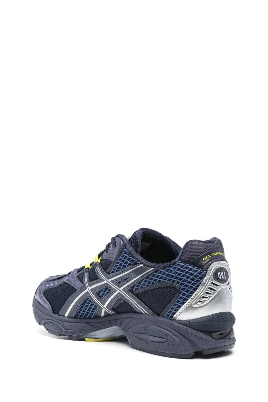 Asics unisex sneaker gel nimbus blue featuring dark blue and silver mesh upper with white and yellow laces