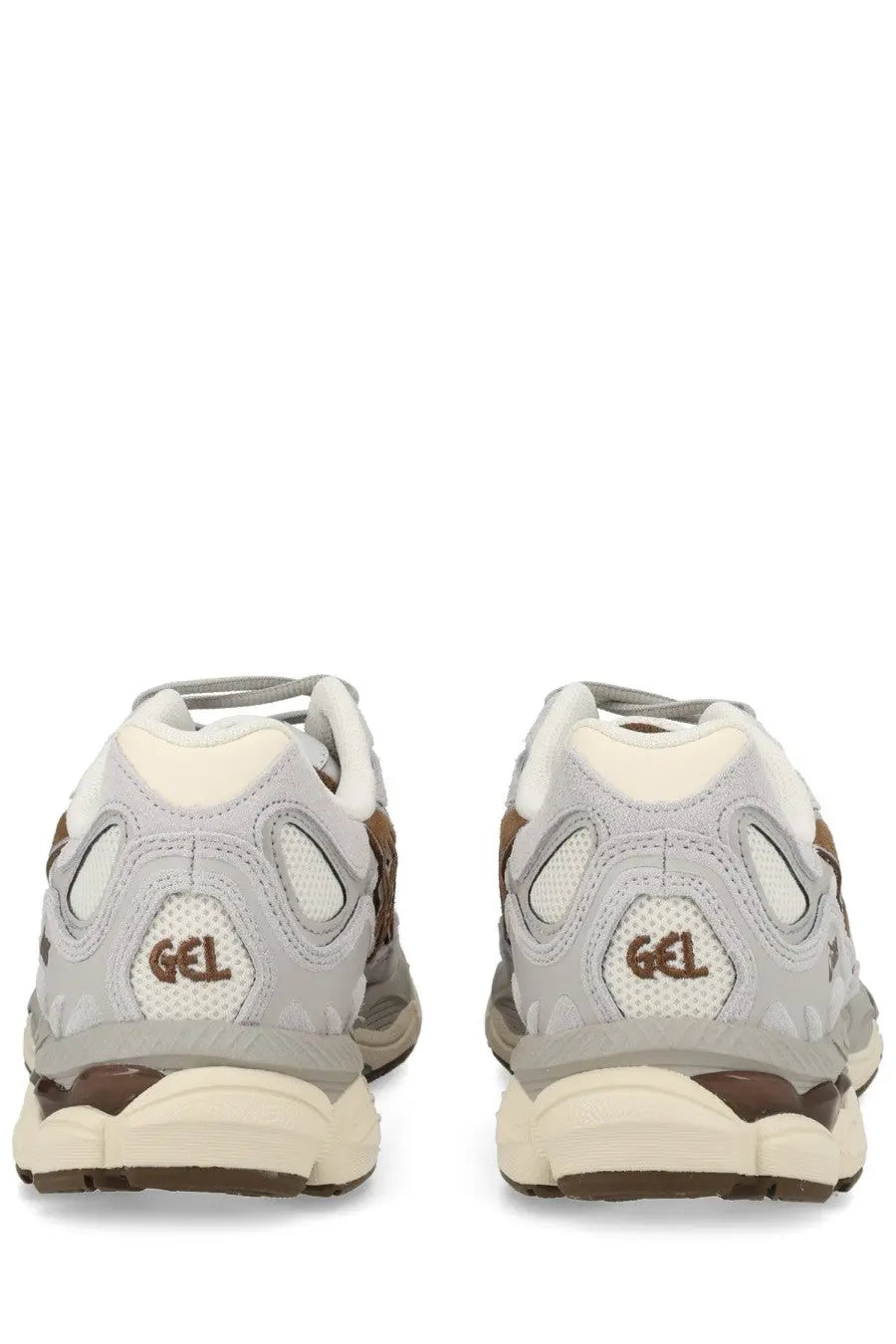 Asics unisex sneaker gel nyc beige in gray and brown with mesh and synthetic overlays and cushioned midsole