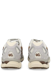 Asics unisex sneaker gel nyc beige in gray and brown with mesh and synthetic overlays and cushioned midsole