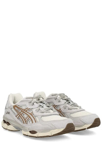 Asics unisex sneaker gel nyc beige with light gray and beige mesh and synthetic leather upper featuring metallic bronze tiger stripes