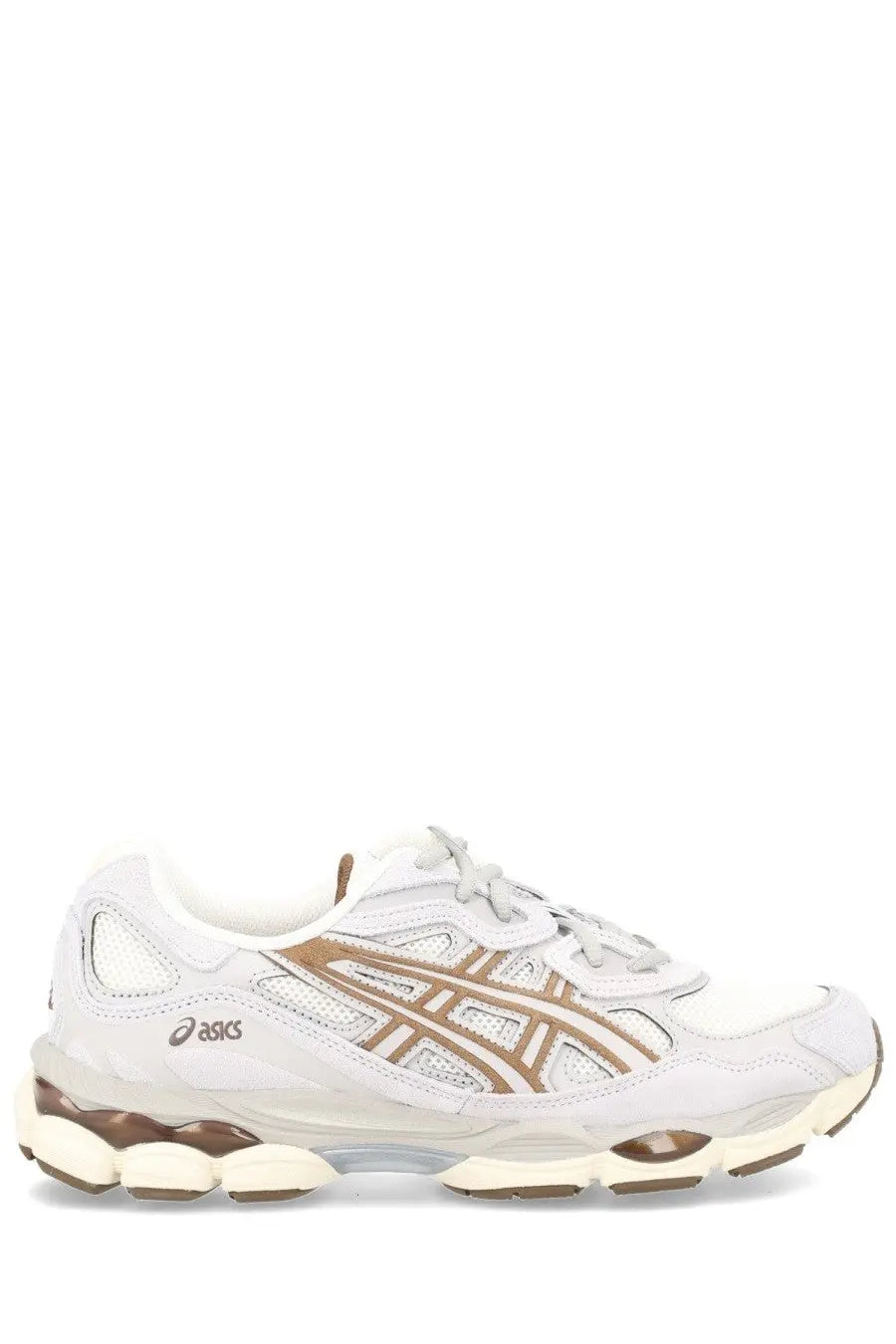 Asics unisex sneaker gel nyc beige with white and beige mesh and synthetic overlays and cushioned midsole