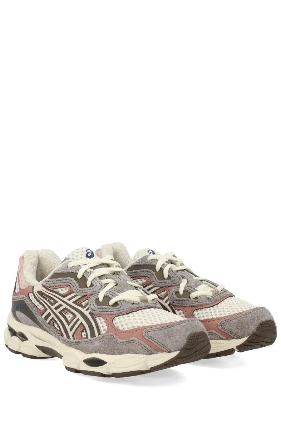 Gray and pink asics unisex sneaker gel nyc with mesh suede and synthetic overlay design for running use