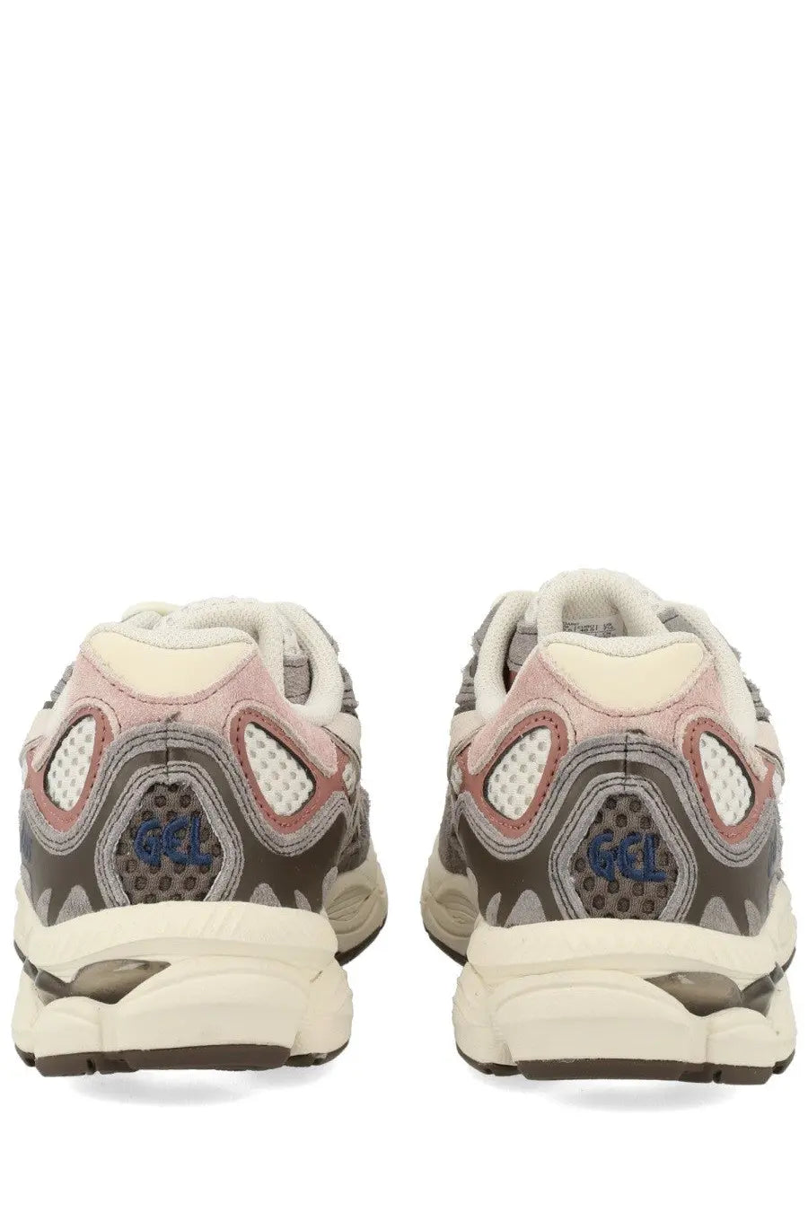 Pair of asics gel-nimbus 2019 sneakers in pink gray and cream mesh and synthetic with visible gel branding on heel back side