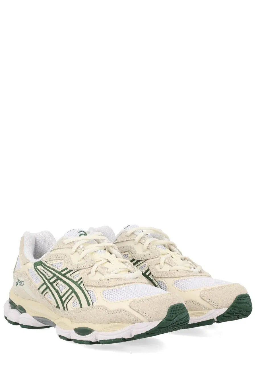 Asics unisex sneaker gel nyc white with cream and forest green mesh and suede upper running shoes
