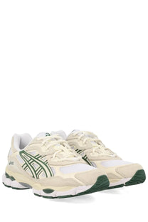 Asics unisex sneaker gel nyc white with cream and forest green mesh and suede upper running shoes