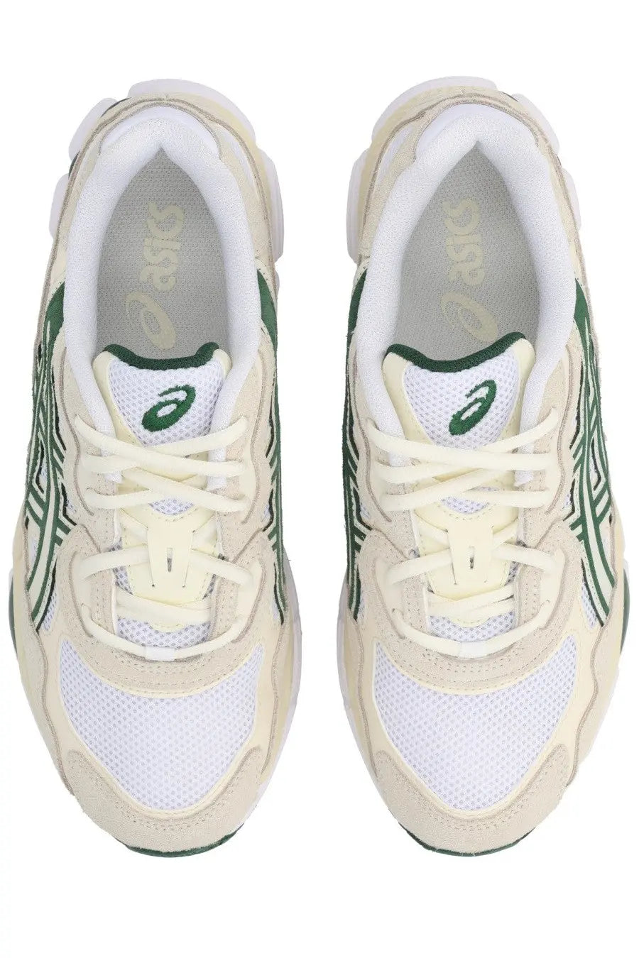 Cream and green asics unisex sneaker gel nyc with mesh and suede upper featuring logo on tongue and side
