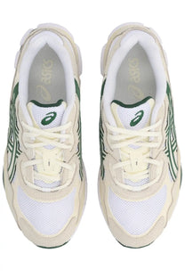 Cream and green asics unisex sneaker gel nyc with mesh and suede upper featuring logo on tongue and side