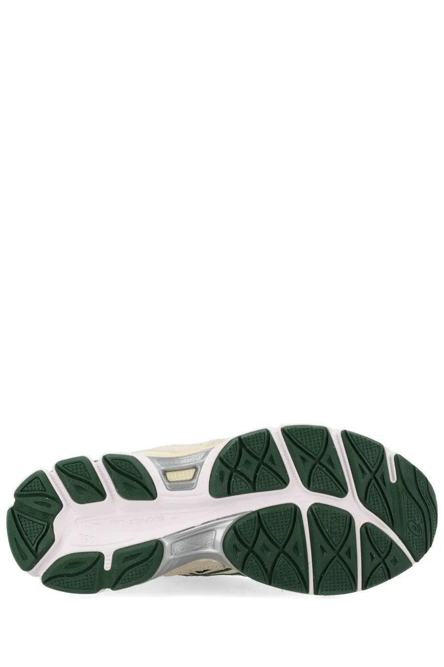 Back view of asics unisex sneaker gel nyc with white and green rubber sole and silver midsole featuring the logo