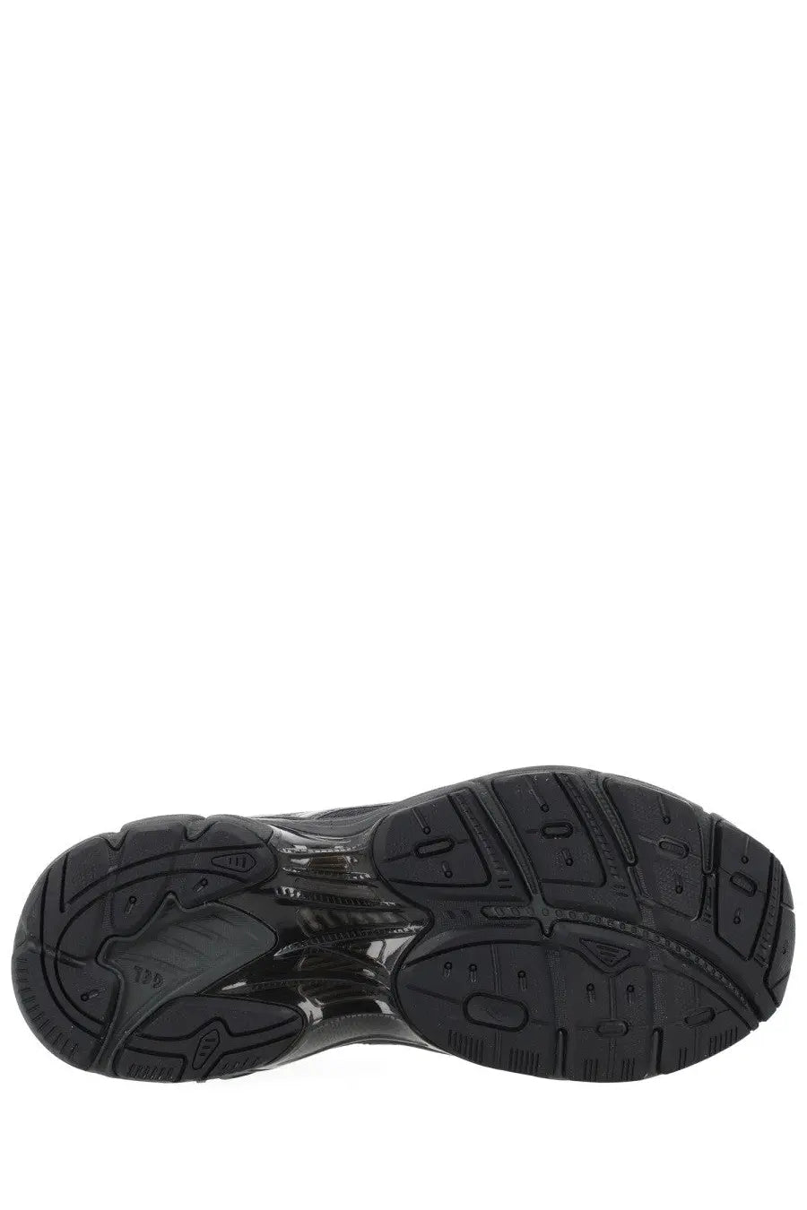 Black rubber sole with glossy finish and intricate tread pattern of asics unisex sneaker gt black