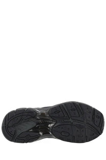Black rubber sole with glossy finish and intricate tread pattern of asics unisex sneaker gt black
