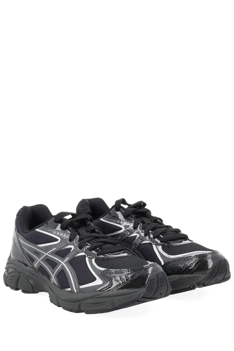 Asics unisex sneaker GT black with black and silver mesh upper and glossy synthetic overlays for running
