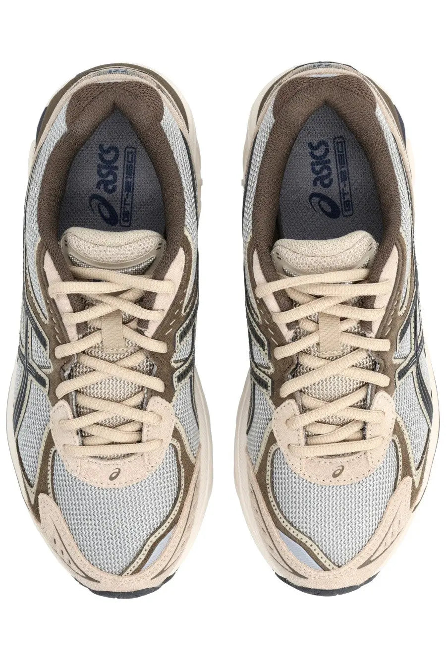 Beige and gray asics unisex sneaker gt-2000 5 with mesh upper suede accents and black rubber outsole for running