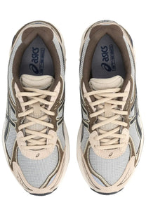 Beige and gray asics unisex sneaker gt-2000 5 with mesh upper suede accents and black rubber outsole for running