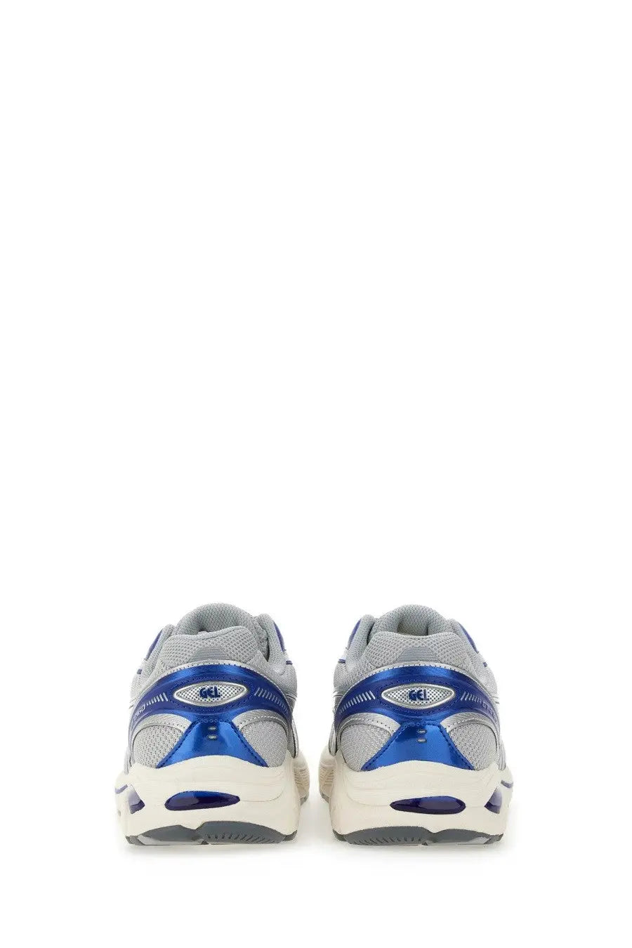 Back view of asics unisex sneaker gt multicolor in gray and blue mesh with metallic blue accents and asics logo