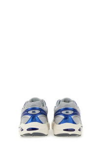 Back view of asics unisex sneaker gt multicolor in gray and blue mesh with metallic blue accents and asics logo