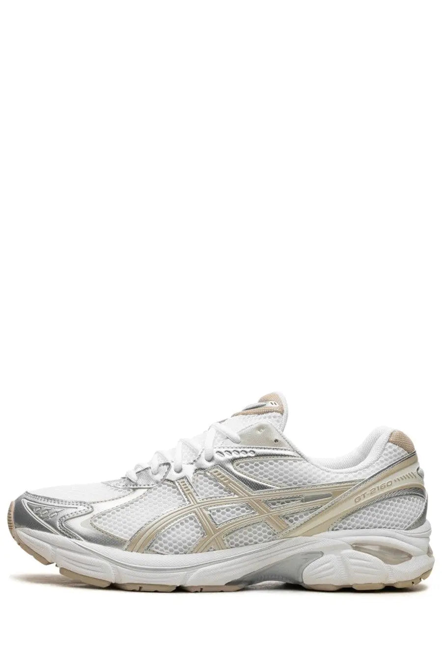 Asics unisex sneaker gt white with white and silver mesh upper metallic accents and cushioned sole for running