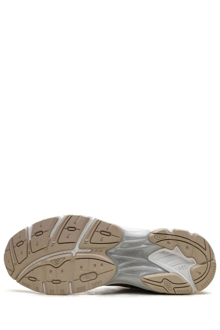 Tan and translucent rubber sole with layered white accents on asics unisex sneaker gt white for casual wear