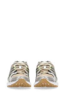 Asics women’s gel nimbus sneaker in silver and beige with mesh upper metallic accents white laces and gum rubber sole