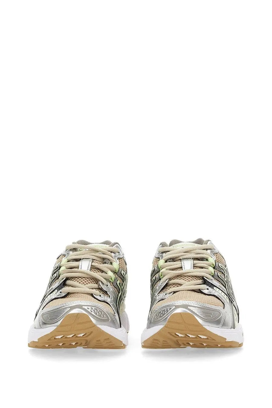 Asics women’s gel nimbus sneaker in silver and beige with mesh uppers metallic accents and gum rubber sole