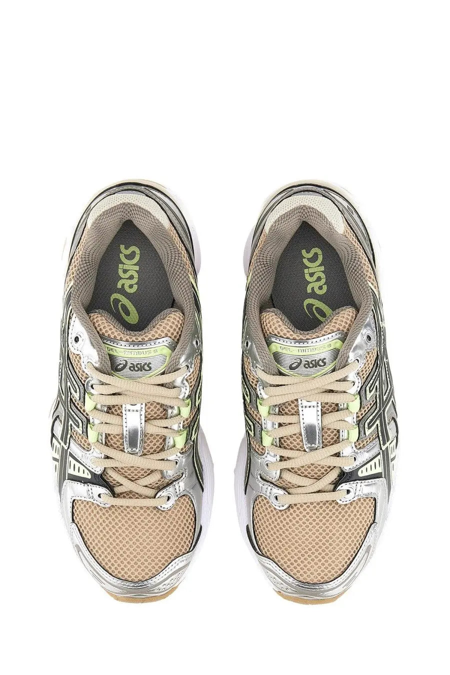 Asics women’s gel nimbus sneaker silver beige and silver running shoes with mesh uppers metallic accents and lime branding
