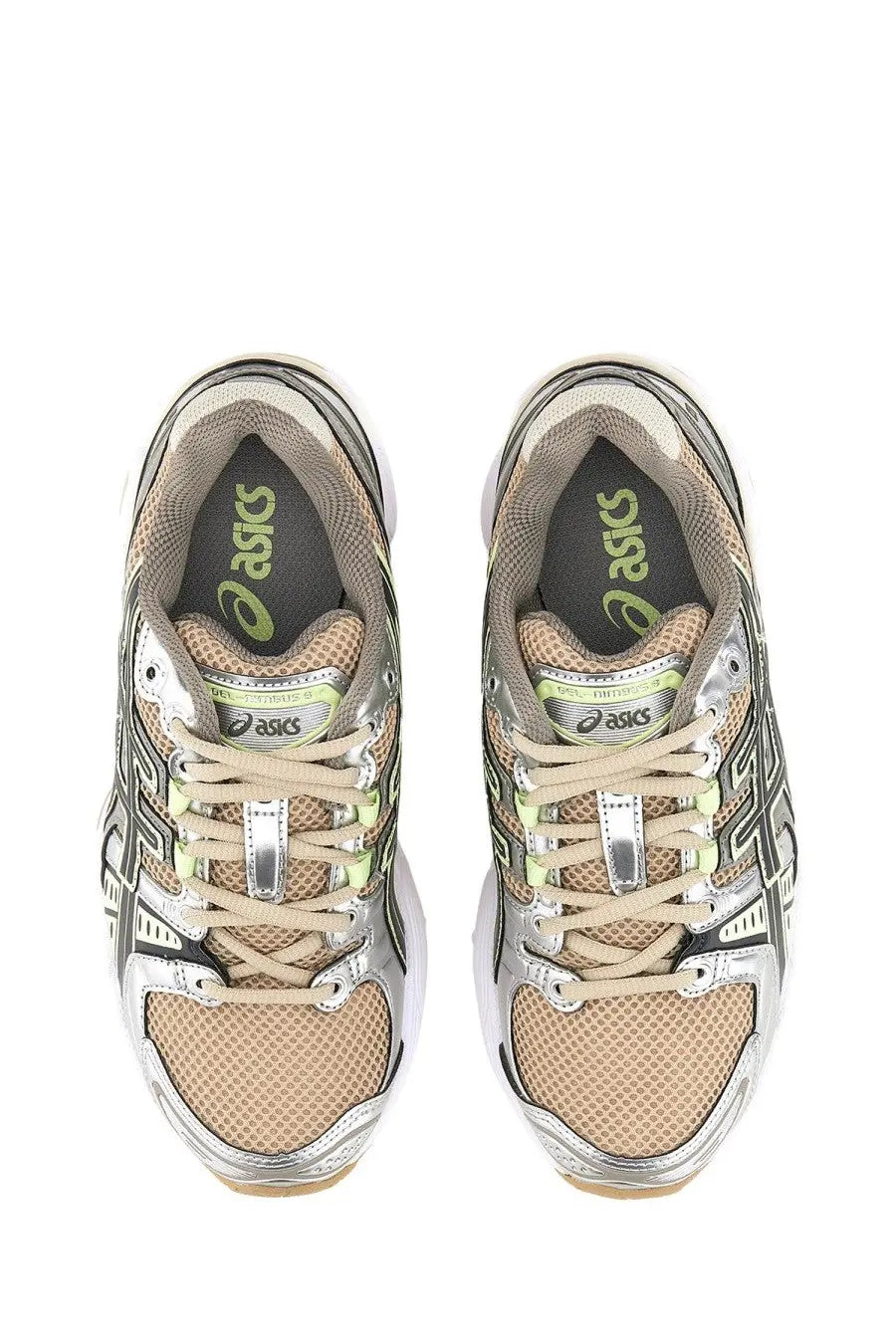 Asics women’s gel nimbus sneaker silver beige and silver running shoes with mesh uppers and lime green branding details