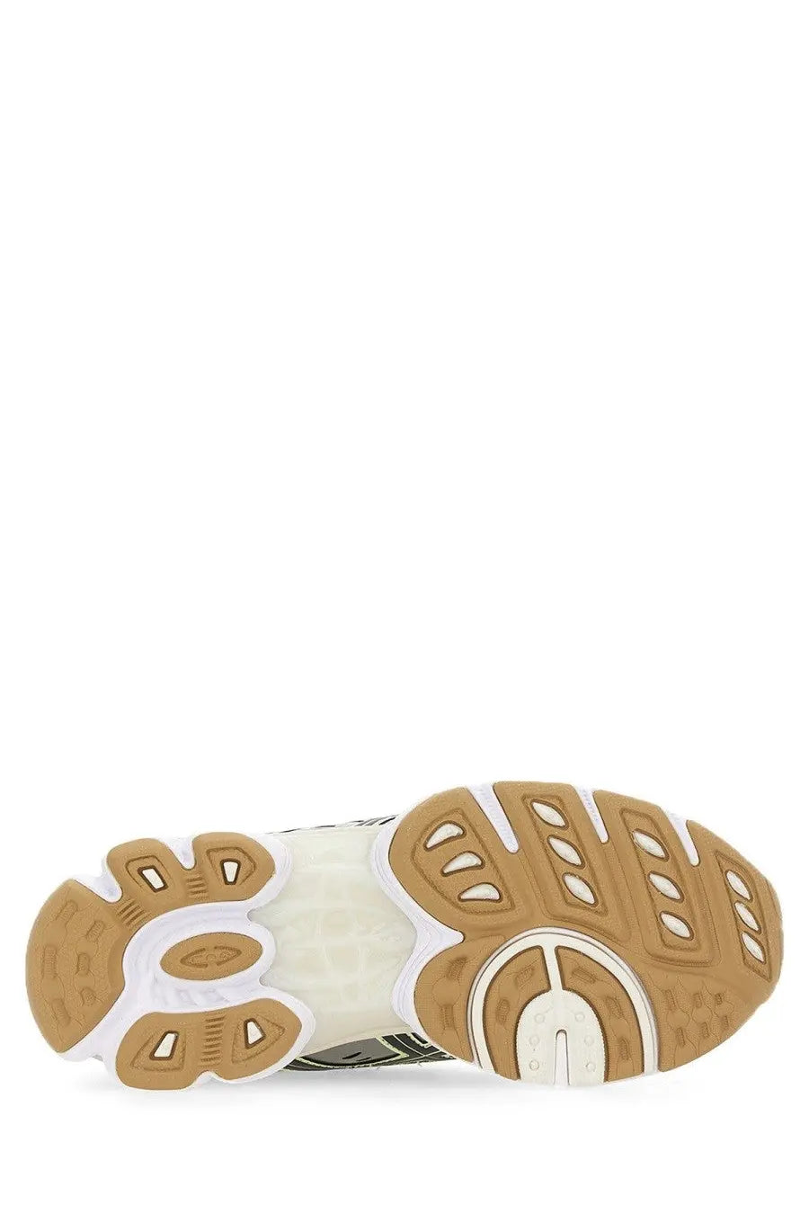 Tan and white rubber sole with textured segmented design on the outsole of asics women’s gel nimbus sneaker silver