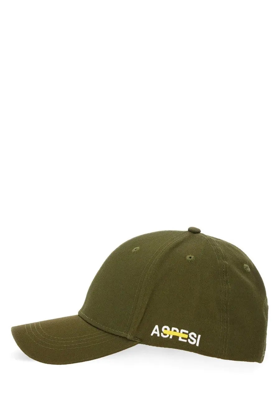 Olive green cotton aspesi men’s baseball hat with white and yellow branding on the side