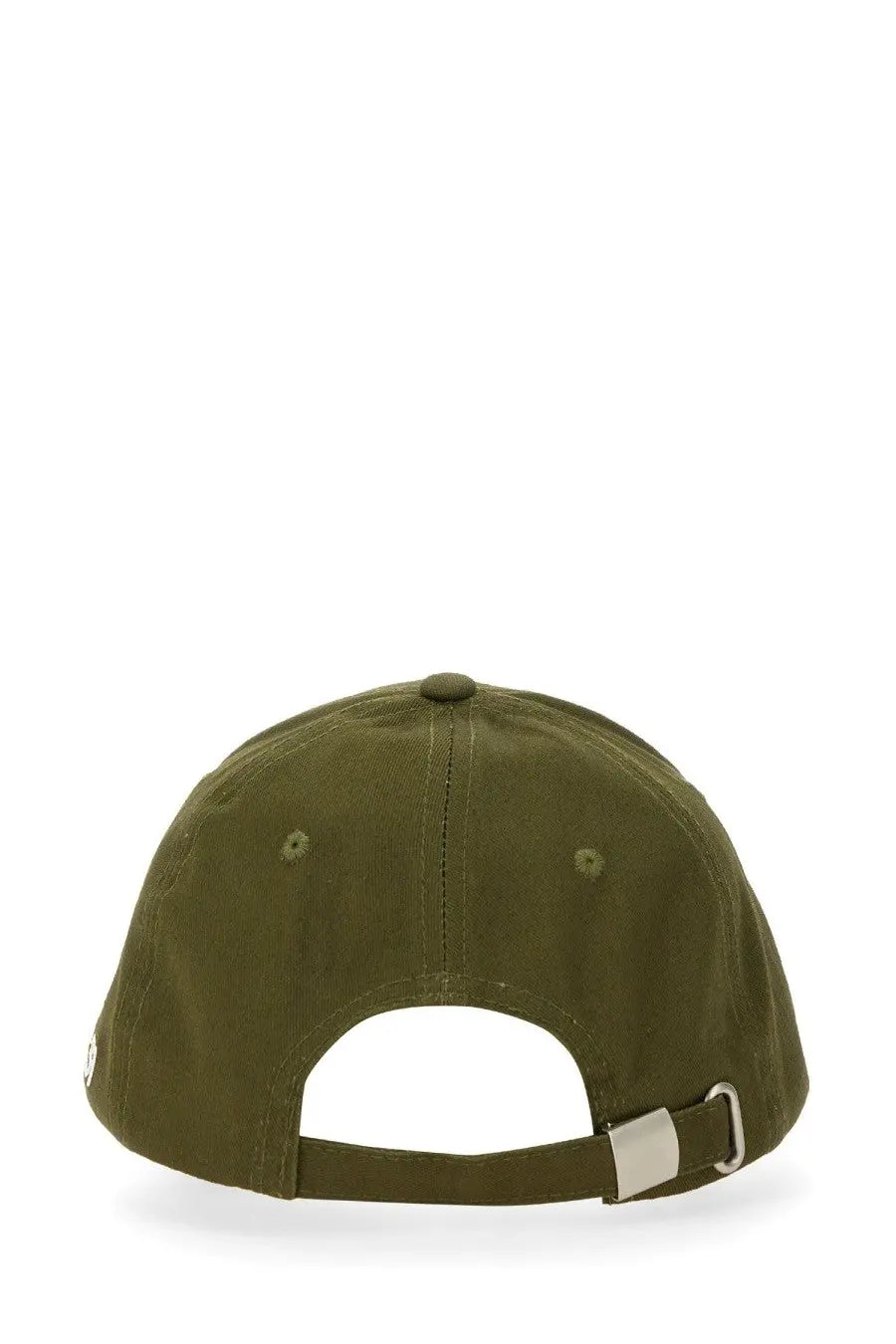 Olive green cotton baseball cap with silver metal buckle and adjustable strap shown from the back aspesi men’s hat