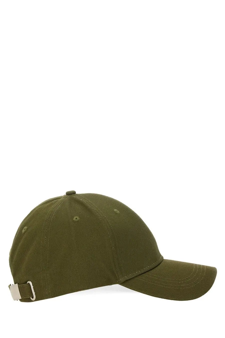 Olive green cotton baseball cap with silver toned adjustable buckle shown from the back by aspesi men