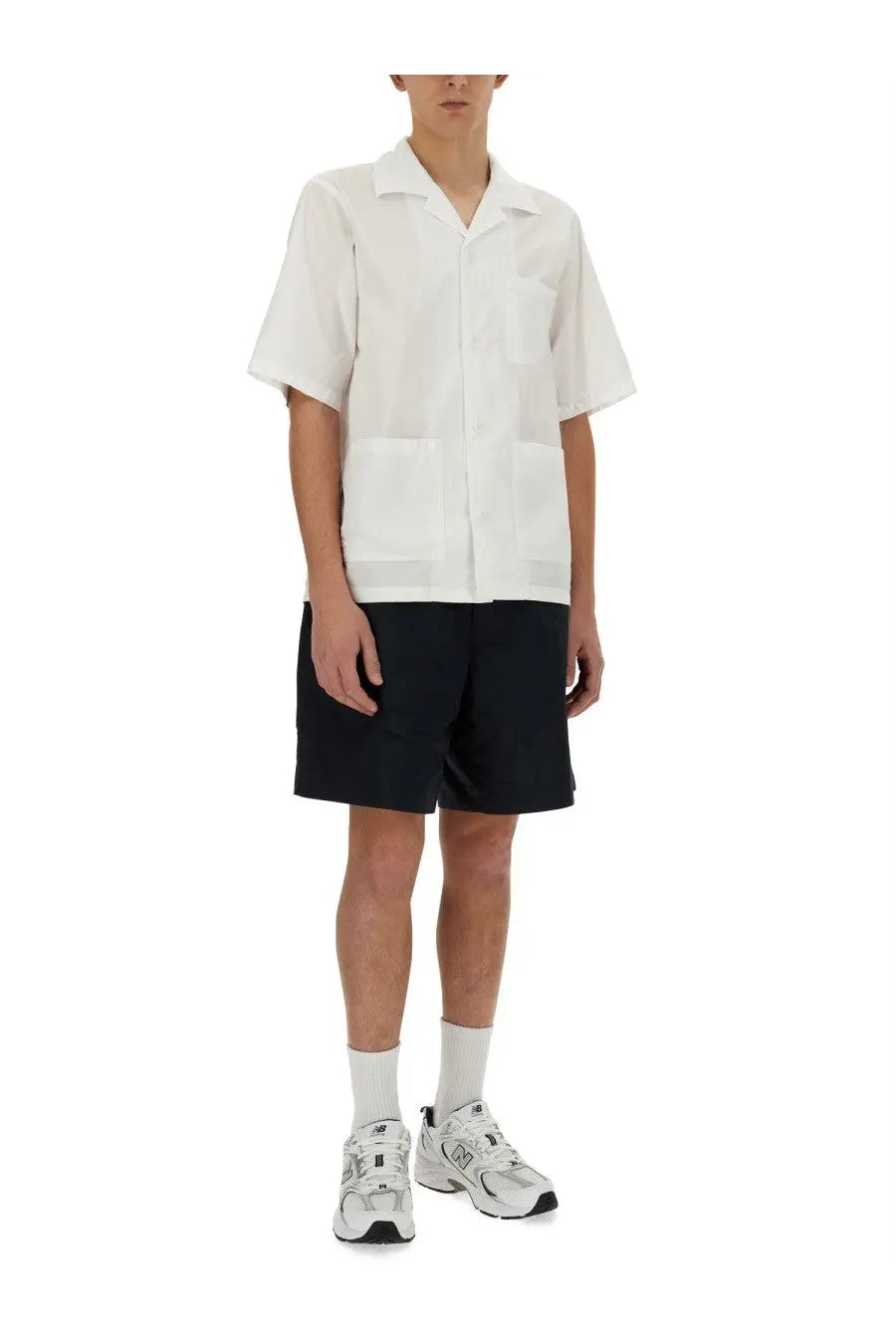 White short-sleeved button-up shirt with collar and two front pockets for men by aspesi in bermuda nemo blue