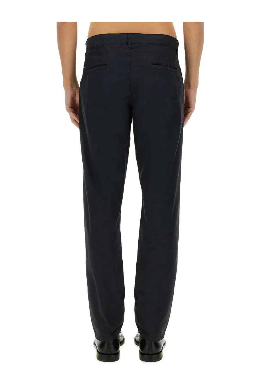 Dark navy aspesi men’s tailored chino pants with sleek straight-leg cut and subtle back pleats shown from the back