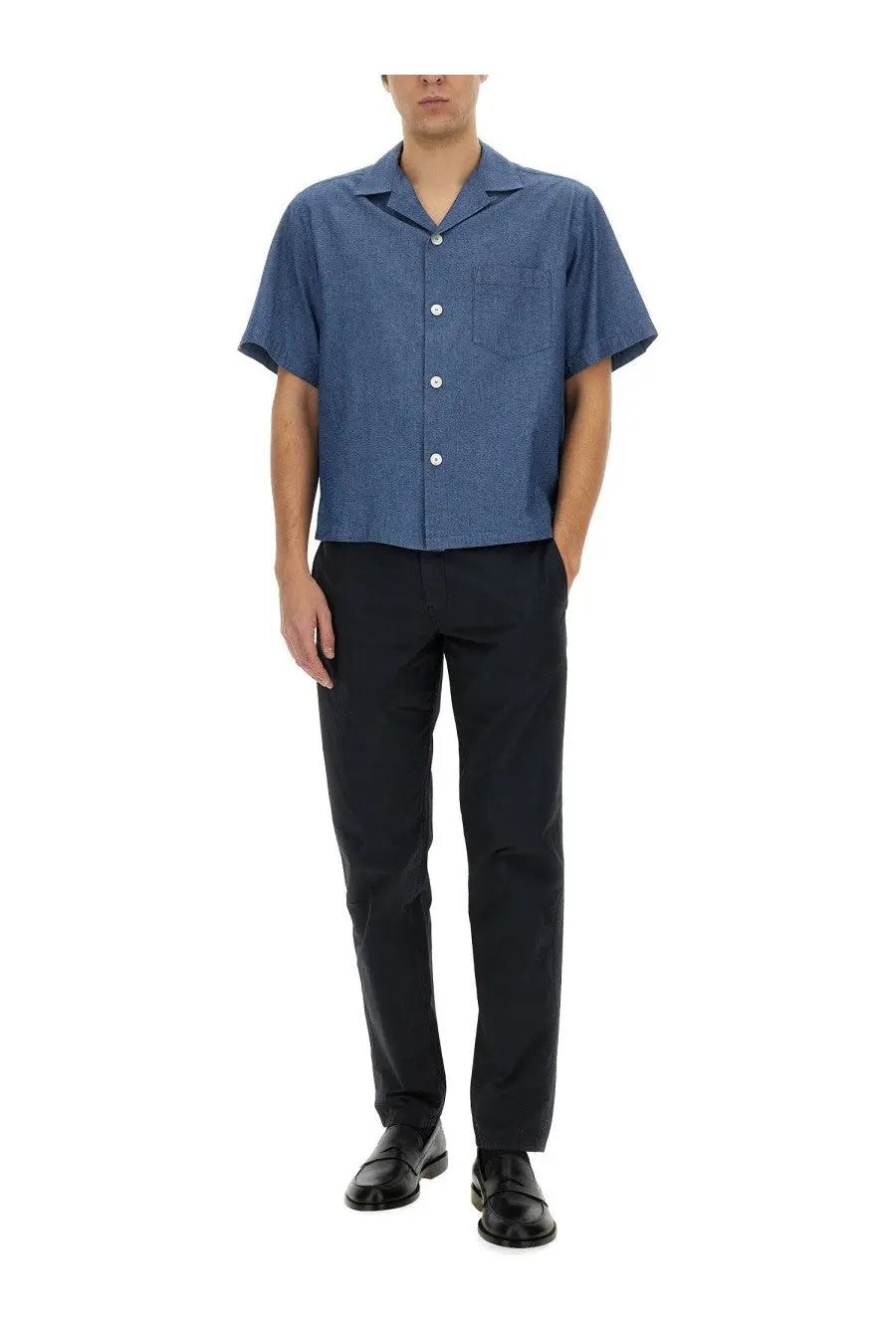 Aspesi men’s chino pants blue paired with a blue short-sleeved button-up shirt with subtle textured weave and white buttons