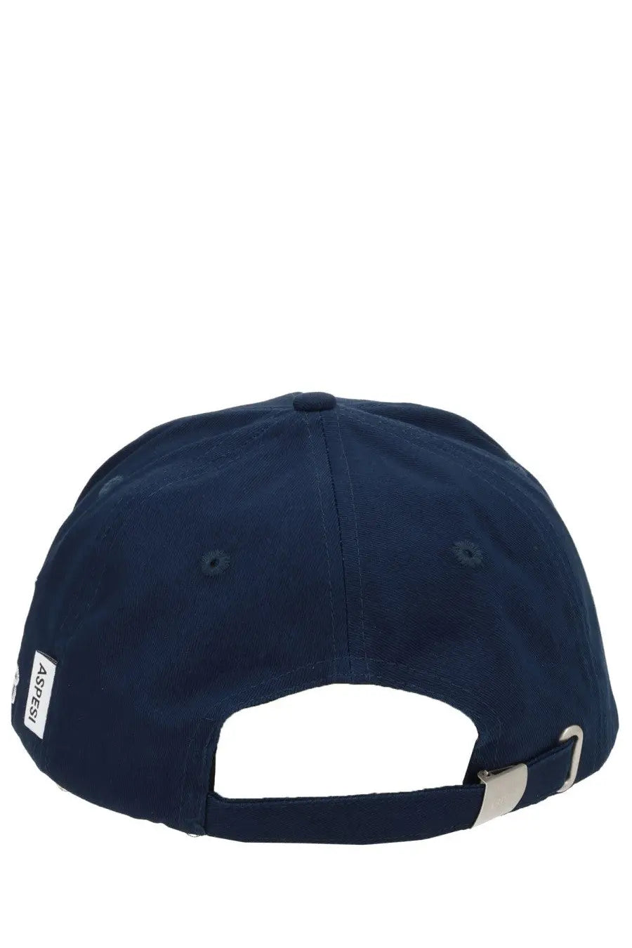Navy blue ASPESI men’s cotton baseball cap with white label and silver metal buckle shown from the back side