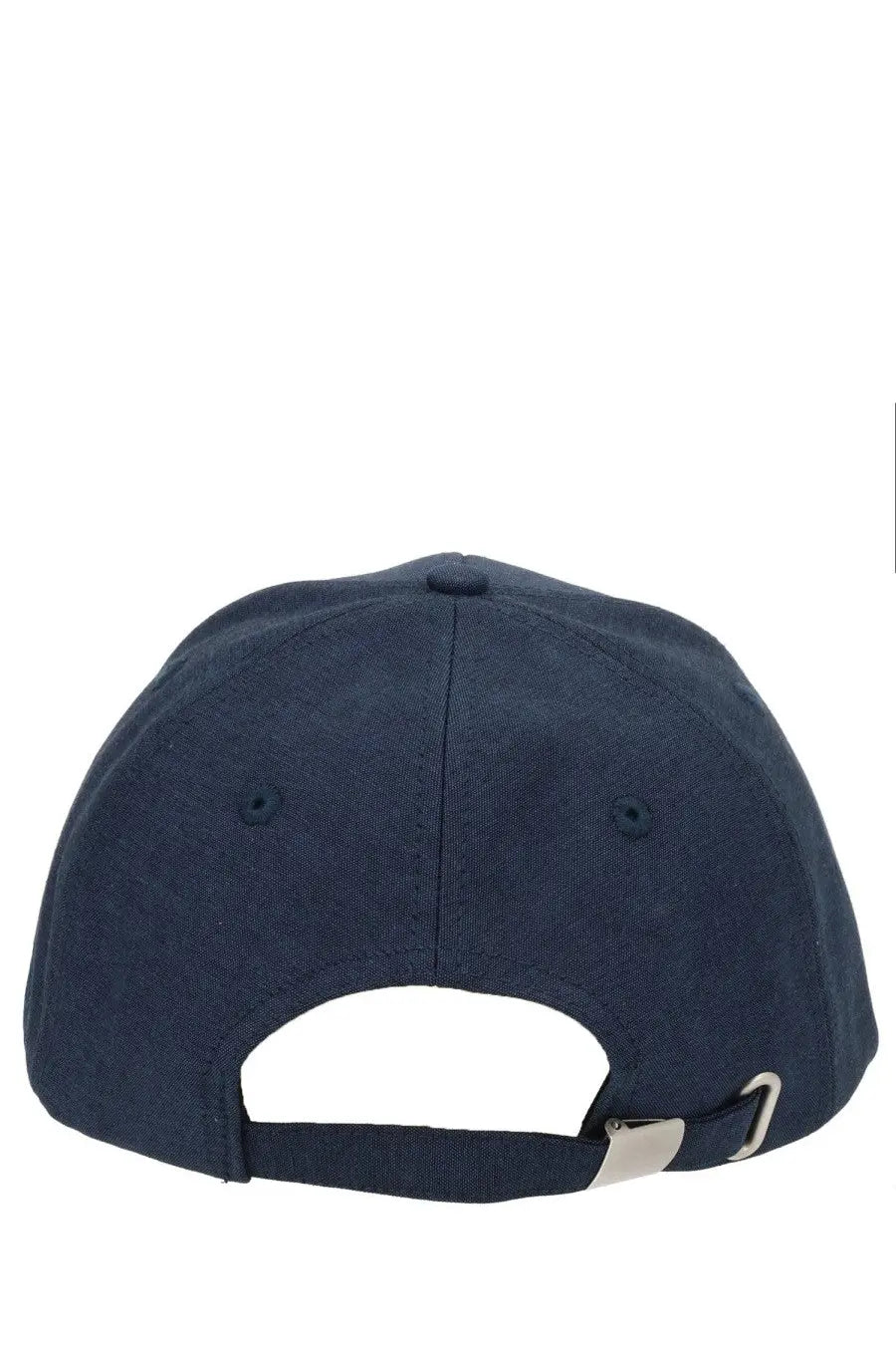 Navy blue cotton baseball cap with silver metal buckle and adjustable strap by aspesi showing the back side