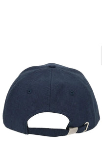 Navy blue cotton baseball cap with silver metal buckle and adjustable strap by aspesi showing the back side