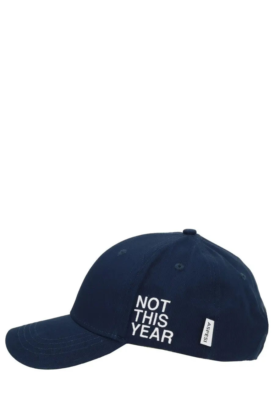 Aspesi men’s navy blue cotton baseball cap with white embroidered not this year text and side label
