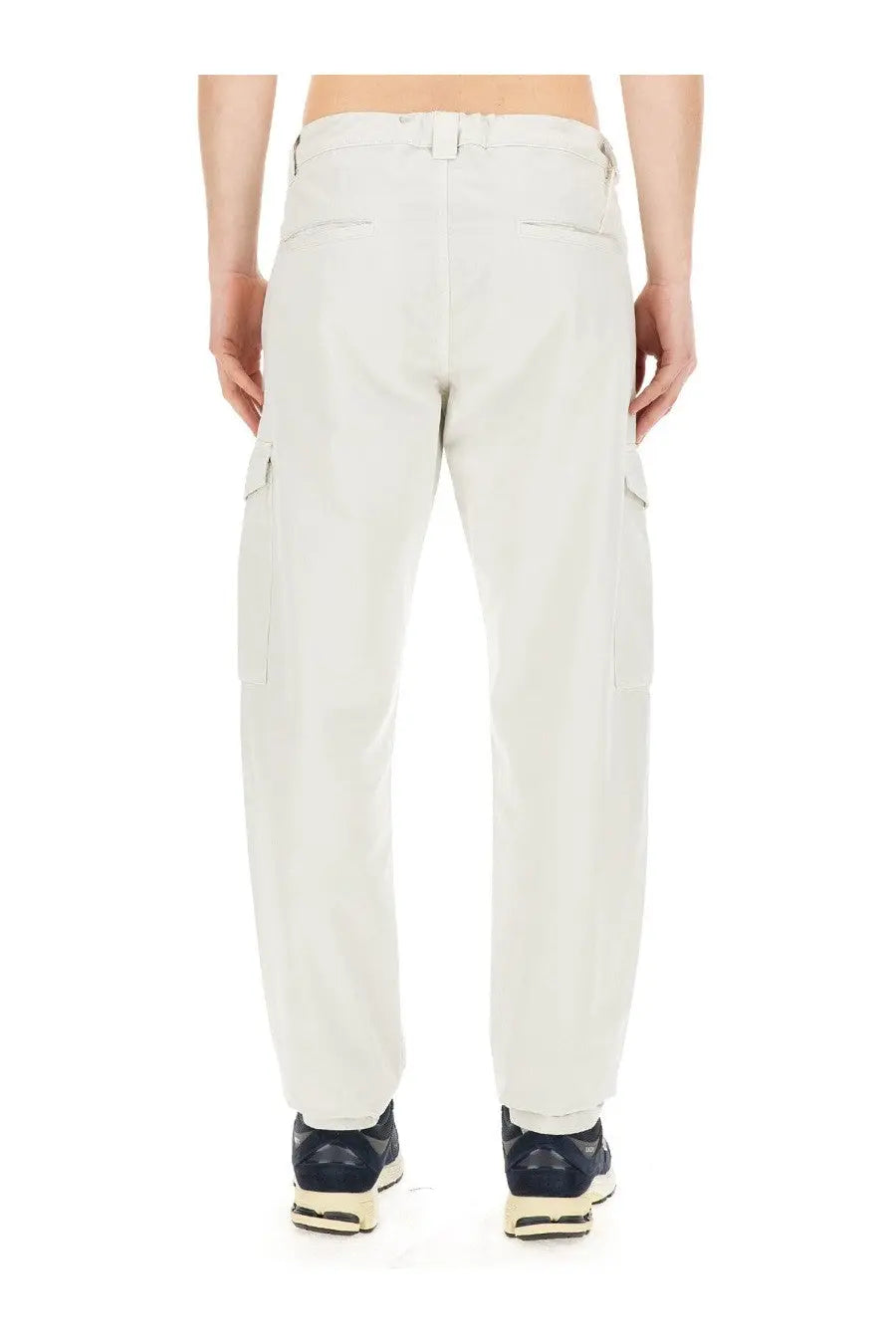 Beige aspesi men’s cotton cargo pants with side pockets and belt loop waistband front view