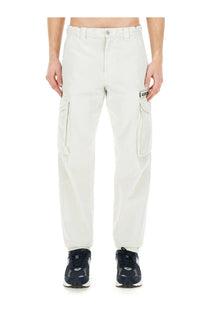 Aspesi men’s beige cotton cargo pants with multiple pockets and a branded patch on the thigh