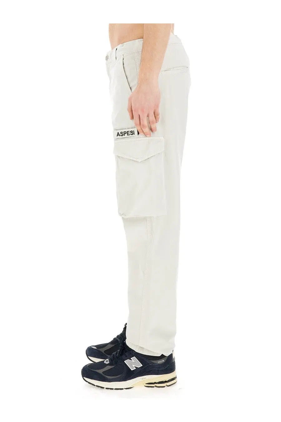 Aspesi men’s beige cotton cargo pants with off-white color and branded patch on the side pocket