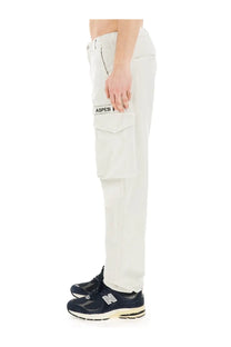 Aspesi men’s beige cotton cargo pants with off-white color and branded patch on the side pocket