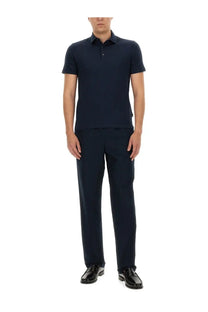 Navy blue aspesi men’s cotton polo shirt with short sleeves classic collar and button placket