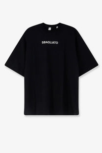 Aspesi men’s black cotton oversized t-shirt with white sbagliato lettering across the chest