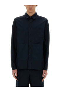 Aspesi men’s cotton shirt blue in black with two front pockets and classic collar button up style
