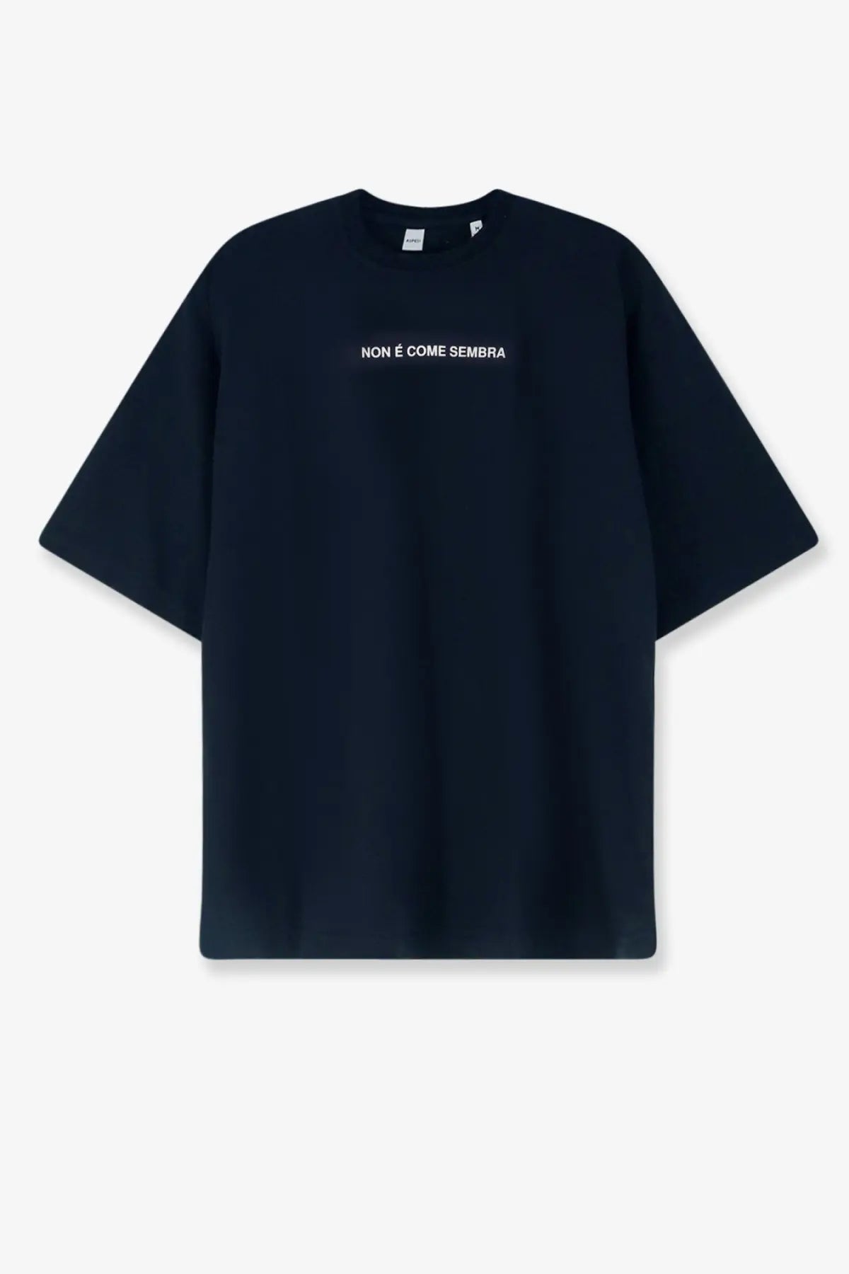 Black oversized cotton t-shirt with white embroidered text across the chest for men by aspesi