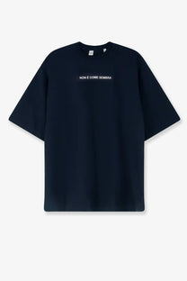 Black oversized cotton t-shirt with white embroidered text across the chest for men from aspesi
