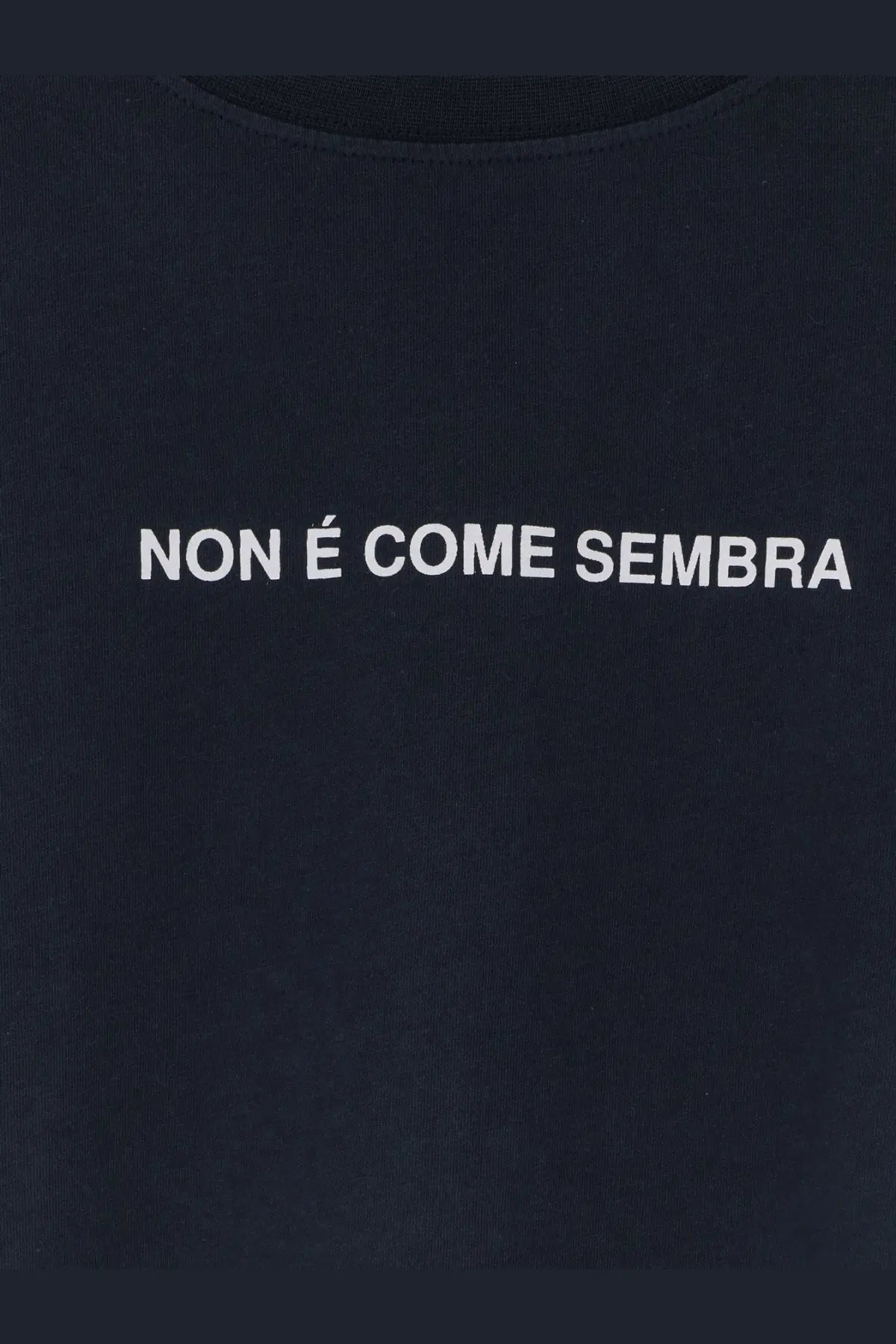 Black cotton t-shirt with white embroidered non é come sembra text featured in aspesi men’s cotton shirt blue collection