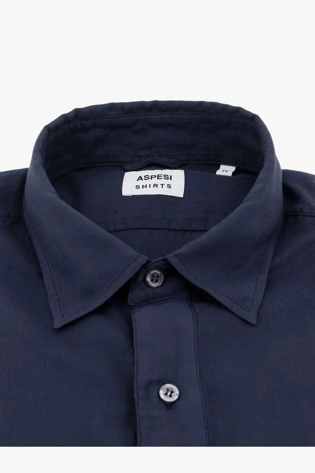 Aspesi men’s dark navy blue cotton button-down shirt with crisp collar and silver-toned buttons and subtle texture